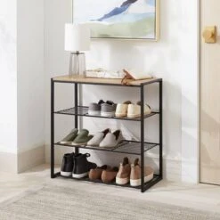 Brightroom Home Storage Solutions 14 4 Tier Shoe Rack Black Metal With Natural Wood - Brightroom™