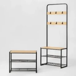 3 Tier Entry Bench With Hooks Black Metal With Natural Wood - Brightroom™ 7 3 Tier Entry Bench With Hooks Black Metal With Natural Wood - Brightroom™ -Brightroom Home Storage Solutions GUEST 5715bb57 f3cd 4e89 a63b cc4fa675fc88