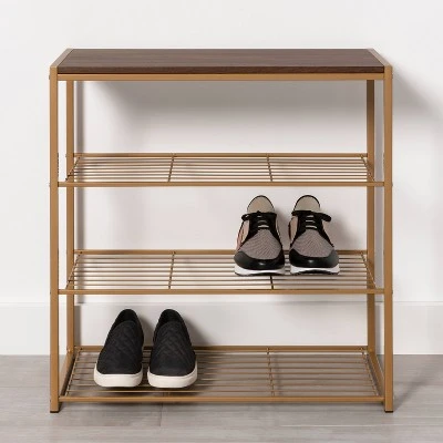 4 Tier Shoe Rack Brass With Walnut Wood - Brightroom™ 3 4 Tier Shoe Rack Brass With Walnut Wood - Brightroom™